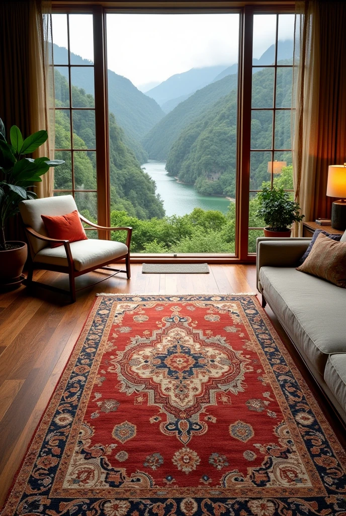 Beautiful hand knotted wool rug in a living room with a nature view