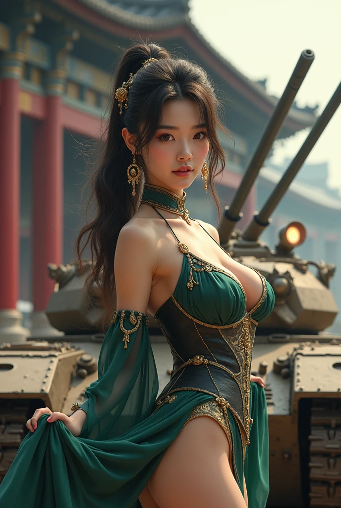 Highest quality,masterpiece,Ultra-high resolution,(Realistic:1.4),Xiuxian,arms,Detailed face,, One girl,alone, Cute girl riding a tank, arms,Cleavage,(magic circle:1.2),Xiuxian,Upper Body,beautiful girl,whole body,east asian architecture,sheath,architecture,