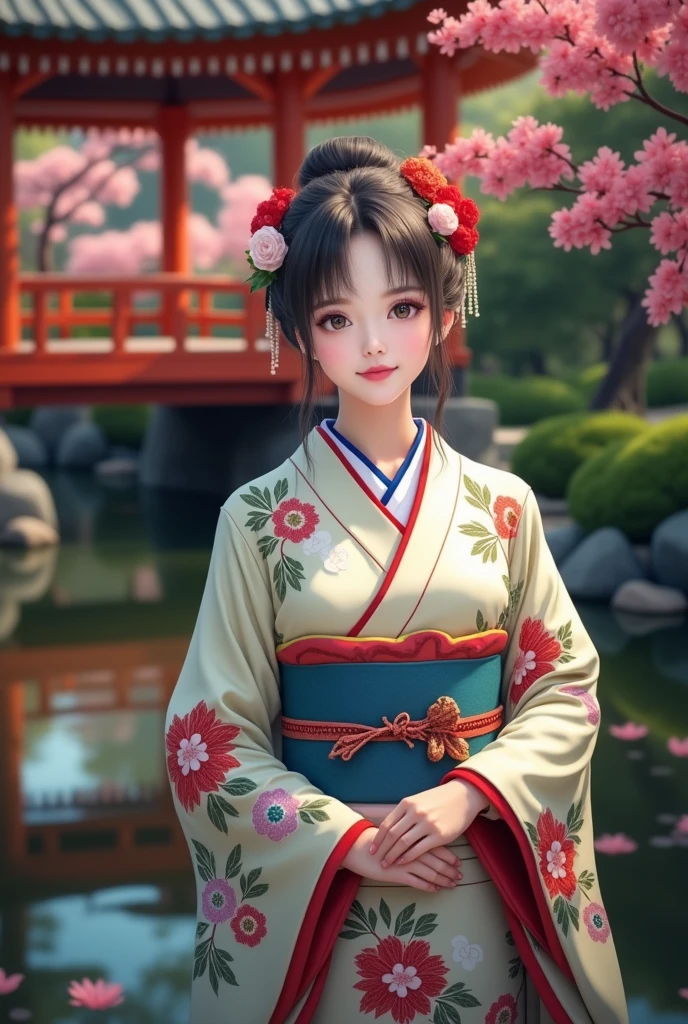 (masterpiece、Highest quality、8k、High resolution)、Traditional Japanese beauty in kimono、Floral pattern on white background、Vibrant colors、Japanese garden、There is a pond、Colorful flowers、Vibrant colors、Cherry Blossom、There is a drum bridge、A complete portrayal、Detailed anime art、