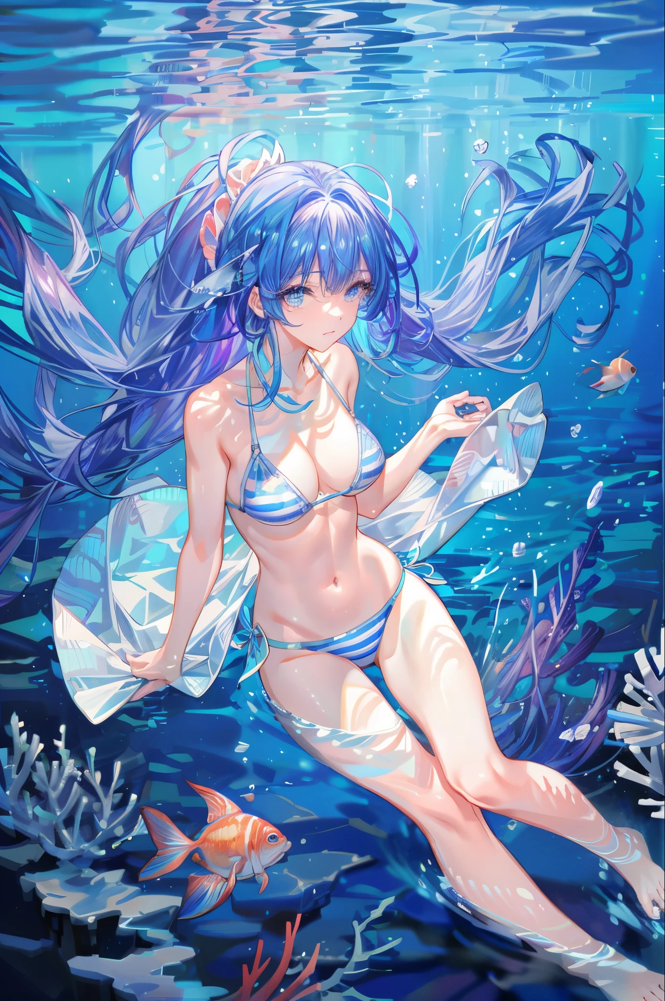 (Masseter muscle area、Highest quality、8k,、Detailed face and eyes、Fantasy)、whole body、one person's、marine environment、Soft sunlight、Colorful tropical fish、Large sea turtle、Underwater Scene、aquatic environment、deep Underwater Scene、Underwater sea、water scenery、seabed, water scenery、Underwater background、Light in the water、water scenery、Coral Reef、サンゴのseabed、Coral Reef、swimming、(Gradient Hair:1.5)、Wear a bikini swimsuit、