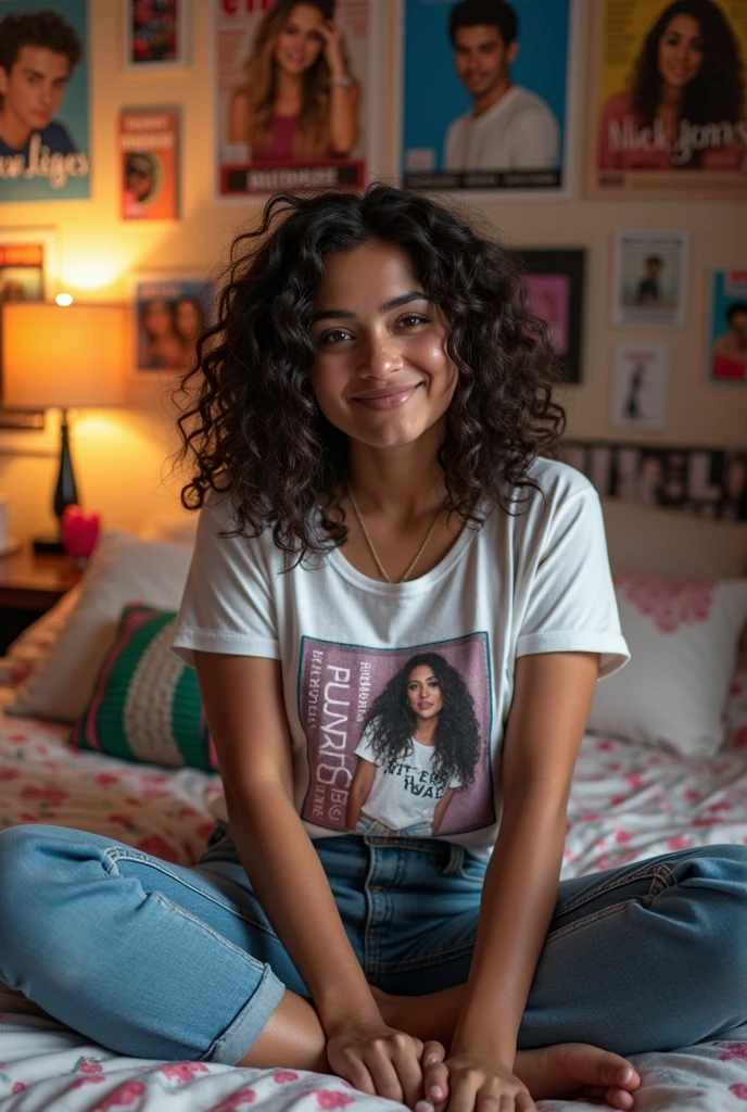 26 year old Hispanic curvy woman sitting on a bed in a room with bunches of posters on the wall of Jonas brothers an album cover by nick jonas , featured on tumblr, pop art, in her room, sitting happy in her room, fan girl teenage bedroom, in my bedroom, teenager hangout spot, posing in a bedroom, while posing in the same bed, 9 0 s bedroom, an 80's bedroom, Jonas brothers t-shirt