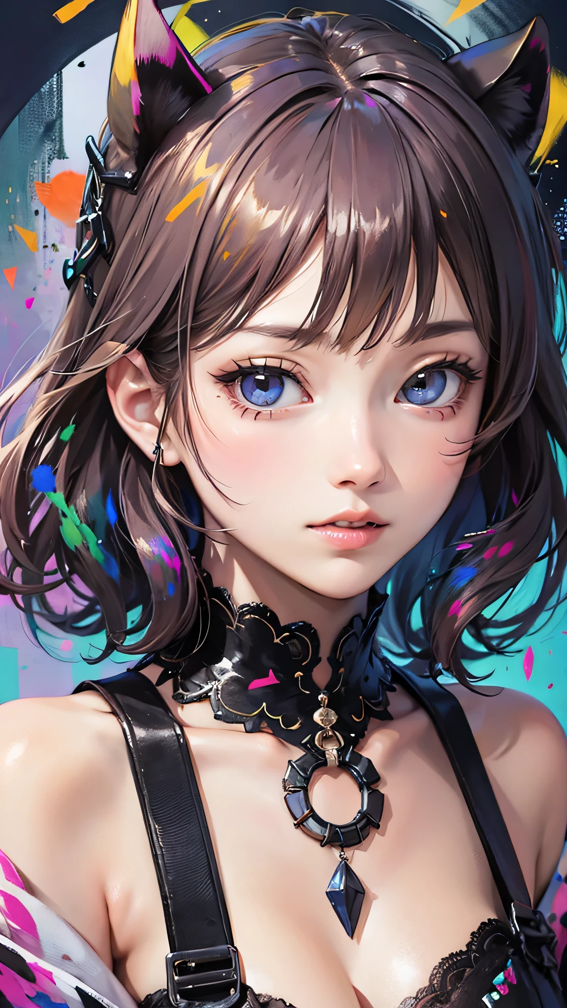 (masterpiece), (high-level image quality), (ultra-detailliert), (short-hair), (illustratio), (1girl in), animesque、anime styled、 (1人の女性)Earrings only accessories、Close up portrait of woman with amber hair、Very beautiful glowing eyes, Like crystal clear glass、Tank Tops、Summer clothes、4K high-definition digital art、stunning digital illustration、Stunning 8K artwork、colorfull digital fantasy art、Colorful and bright、beautiful digital works of art、Colorful Digital Anime Art、Portrait of beautiful woman、8K HD Digital Wallpaper Art、
