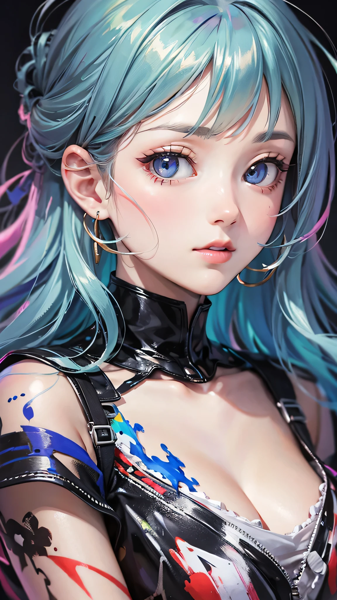 (((masterpiece))),(((Highest quality))),((Very detailed)),(Dynamic Angle), ((floating)),(paint),((Disheveled Hair)), (alone),(one person's), ((Mid-chest)), (((Detailed anima face))),((Beautifully detailed face)),collar,Expose your shoulders, Gray Hair, ((Colorful Hair)),((Striped Hair)), (Beautiful attention to detail),(Gradient color eyes),(((Colorful eyes))), (((Colorful background))),(((High saturation))),(((Surrounded by colorful splashes))),(((Surrounded by colorful dots))),Colorful bubbles,((The Shining))