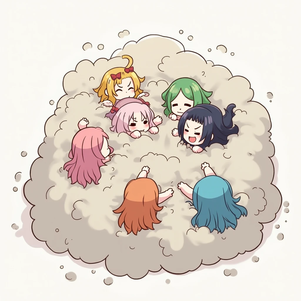 An anime-style illustration depicting girls and ladies playfully wrestling with each other inside a light gray comical fight cloud (dust cloud).
each girl and lady has different colored hair.
their faces,hands,and feet are visible emerging from the cloud as they tussle humorously, with the rest of their bodies completely hidden inside the cloud.
the illustration emphasizes the humorous and energetic nature of their scuffle,with a fluffy andexaggerated fight cloud.