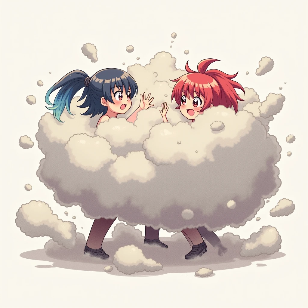 An anime-style illustration depicting ladies playfully wrestling with each other inside a comical fight cloud.
each lady has different colored hair.
their faces,hands,and feet are visible emerging from the cloud as they tussle humorously, with the rest of their bodies completely hidden inside the cloud.
the illustration emphasizes the humorous and energetic nature of their scuffle,with a fluffy andexaggerated fight cloud.
