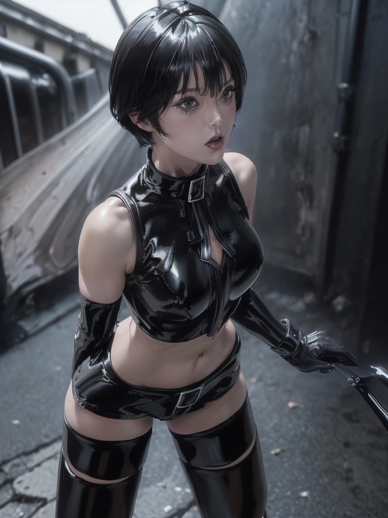 kurosaki mea、最high quality、high quality,, ((Masseter muscle area)), ((High resolution)), ((最high quality)), detailed, ((Glowing Skin)), ((Black-haired、Short Bob))、((Black patent leather bondage:1.2, Short black patent leather hot pants:1.4)), Bare Chest:1.5, Exposed breasts:1.2, Big Breasts:1.4, Voluptuous bust:1.4, Bare belly:1.4, exposed navel:1.2, (See the front-facing camera:1.5、Posing for ID photo:1.5)、(No pause 1.5, Standing still:1.4), ((background:On the streets of the city:1.4))