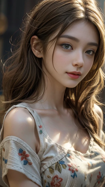 (masterpiece: 1.2, Portraiture, Highest quality), Realistic, (Live Action, Intricate details, Written boundary depth), Highest quality, masterpiece, Attention to detail, semi-Realistic, Smiling in a balloon, shy, 21 years old, Short blonde, blue eyes, blonde、 Slim figure、Shoulder Bare、Shorts and T-shirt 、Blue sky and a few clouds、Shoulder Bare
