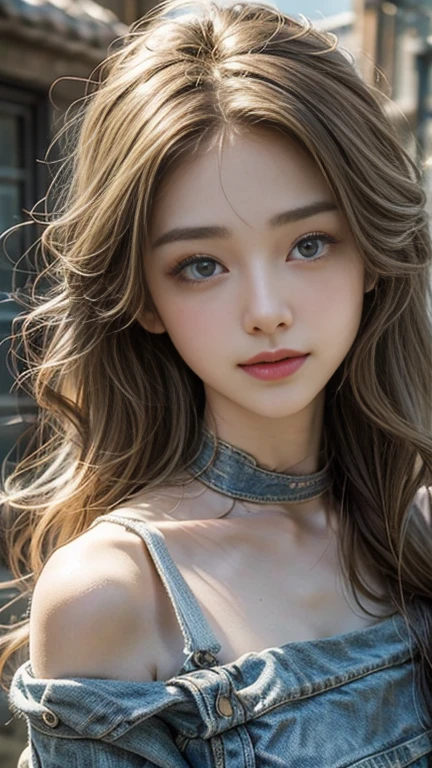 (masterpiece: 1.2, Portraiture, Highest quality), Realistic, (Live Action, Intricate details, Written boundary depth), Highest quality, masterpiece, Attention to detail, semi-Realistic, Smiling in a balloon, shy, 21 years old, Short blonde, blue eyes, blonde、 Slim figure、Shoulder Bare、Shorts and T-shirt 、Blue sky and a few clouds、Shoulder Bare