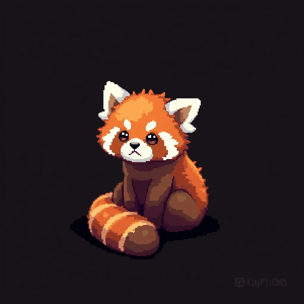 Pixel art, 16-bit style, 256x256, limited color palette, cute, small, red panda, far away, sitting pose, looking directly at the viewer, playful expression, fluffy tail curled around its body, big ears, dark brown eyes, black nose, solid black background. (Generate a 16-bit style pixel art image of a cute, small red panda sitting in a playful pose. The red panda should be far away, giving the impression of being in the distance. It should be looking directly at the viewer with a playful expression. Its fluffy tail should be curled around its body. The red panda should have big ears, dark brown eyes, and a black nose. The image should be 256x256 pixels and use a limited color palette. The background should be completely solid black.)