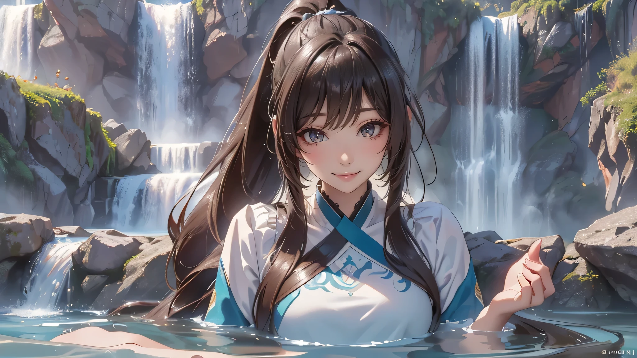 (bathing in the basin of a waterfall),ultra straight hair,long ponytail,rash guard,(Highest image quality, (8K), Ultra-realistic, Best Quality, High quality, High Definition, high quality texture, high detailing, Beautiful detailed, fine detailed, extremely details CG, Detailed texture, realistic representation of face, masterpiece, presence)