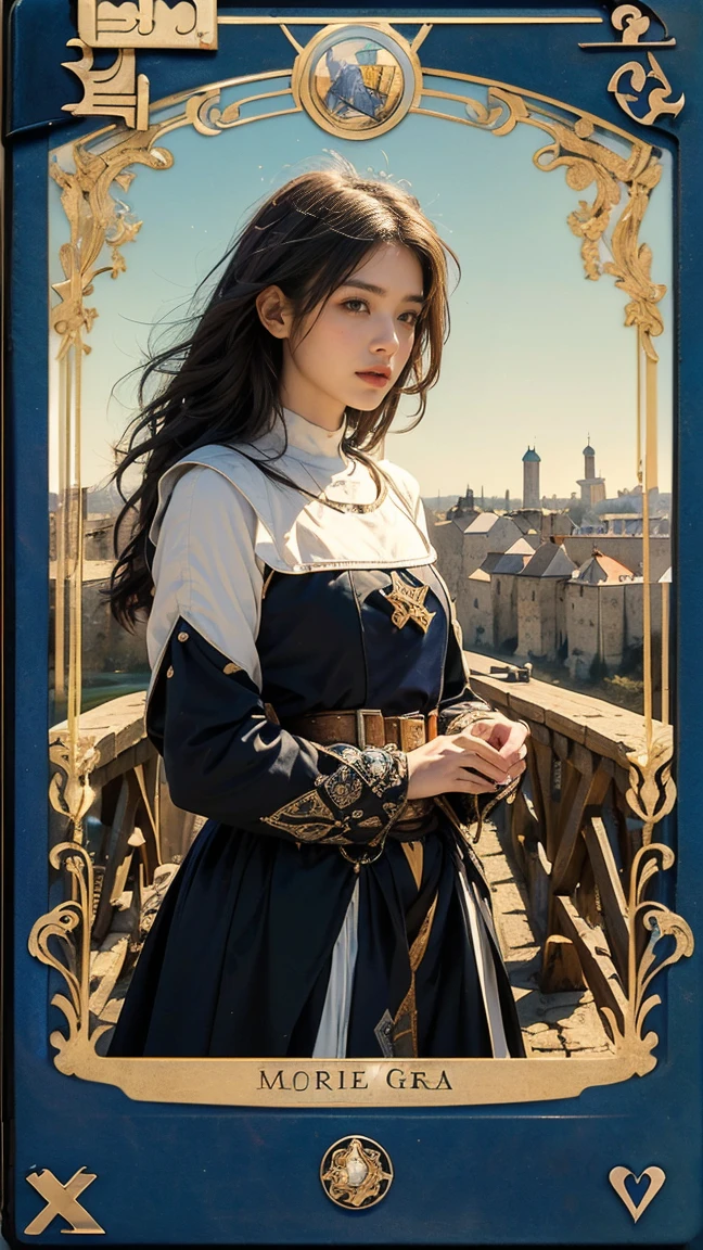 Highest quality、masterpiece、タロットcard、Balance scale、(Morgan Greer Tarot:1.2)、Retro art style、Thick outline、English text、Roman numerals、card、(Fit the frame properly:1.2)、(タロットcard風の枠:1.5)、((Beautiful bridges of medieval Europe:1.5))