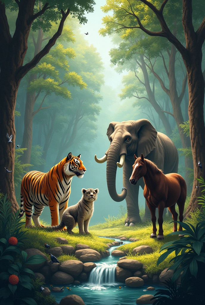 To discuss important matters, all animals gathered together, including the powerful tiger, the clever snake, the powerful elephant, and the swift horse.