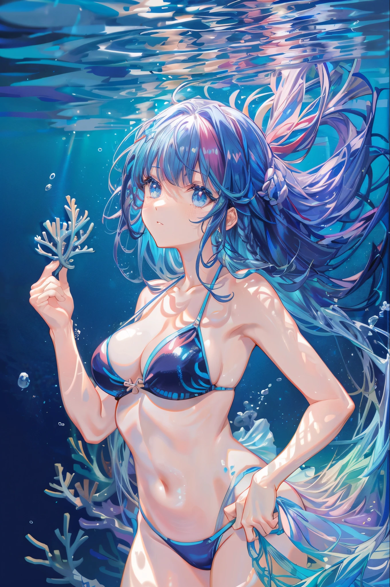 (Masseter muscle area、Highest quality、8k,、Detailed face and eyes、Fantasy)、whole body、one person's、marine environment、Soft sunlight、Colorful tropical fish、Large sea turtle、Underwater Scene、aquatic environment、deep Underwater Scene、Underwater sea、water scenery、seabed, water scenery、Underwater background、Light in the water、water scenery、Coral Reef、サンゴのseabed、Coral Reef、swimming、(Gradient Hair:1.5)、Wear a bikini swimsuit、