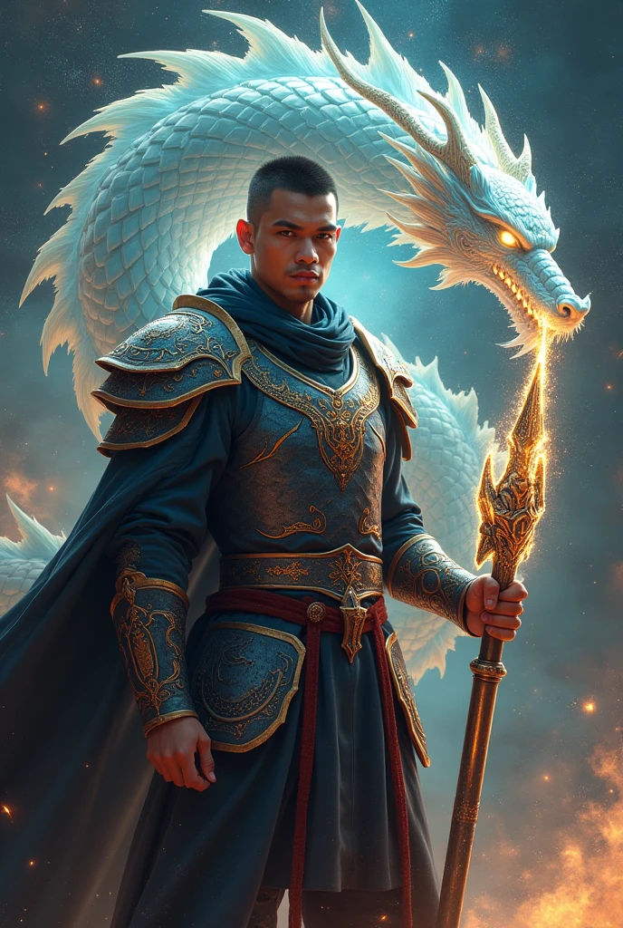 30 year old Indonesian man, buzz cut hair in knight holding a table tennis racket in the shape of an astral dragon
