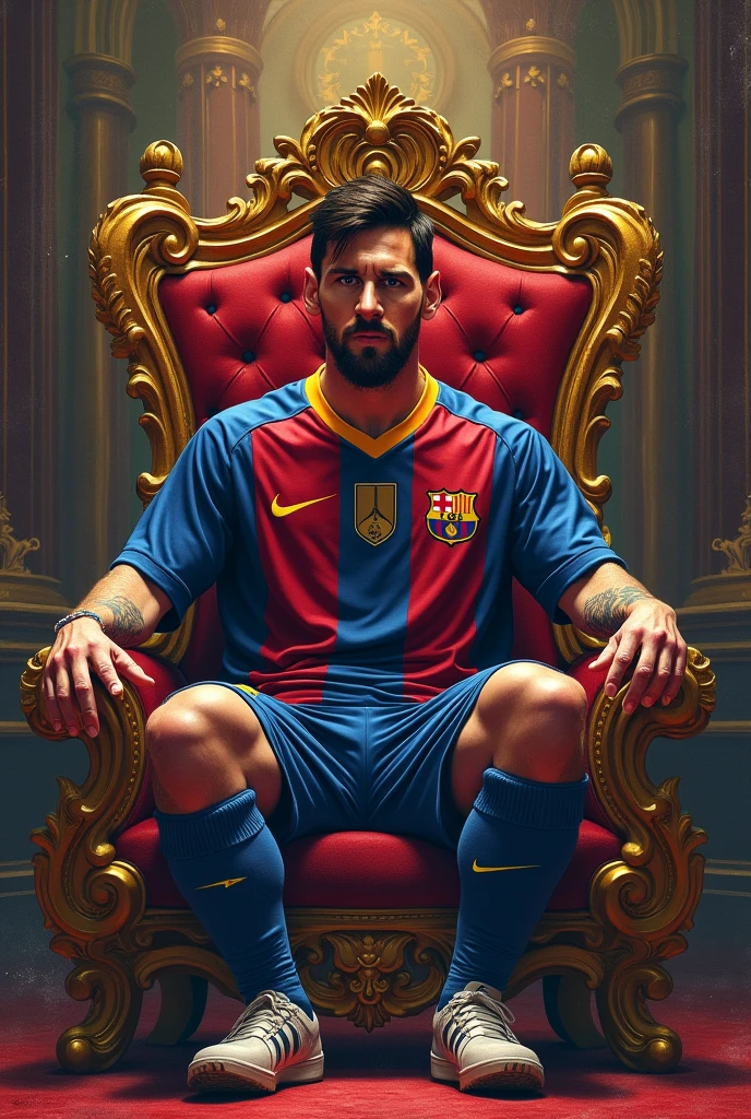 Messi near a throne in a drawing with titles