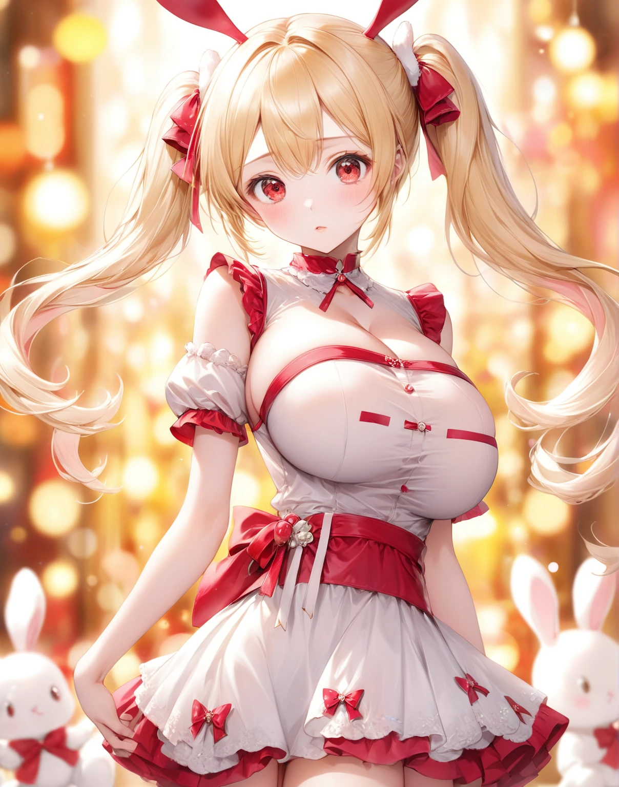 (Highest quality,8k,32K,masterpiece,Ultra-high resolution :1.2 ),born,One person,Super cute,Natural light,Clear, shining eyes,20-year-old,Fair skin,Pink pop fantasy background,Blonde Hair,Twin tails,高い位置のTwin tails,Red Eyes,Fantastic Background,,Bunny girl,Large Breasts,Great style,Delicate expression,SLR,Background bokeh