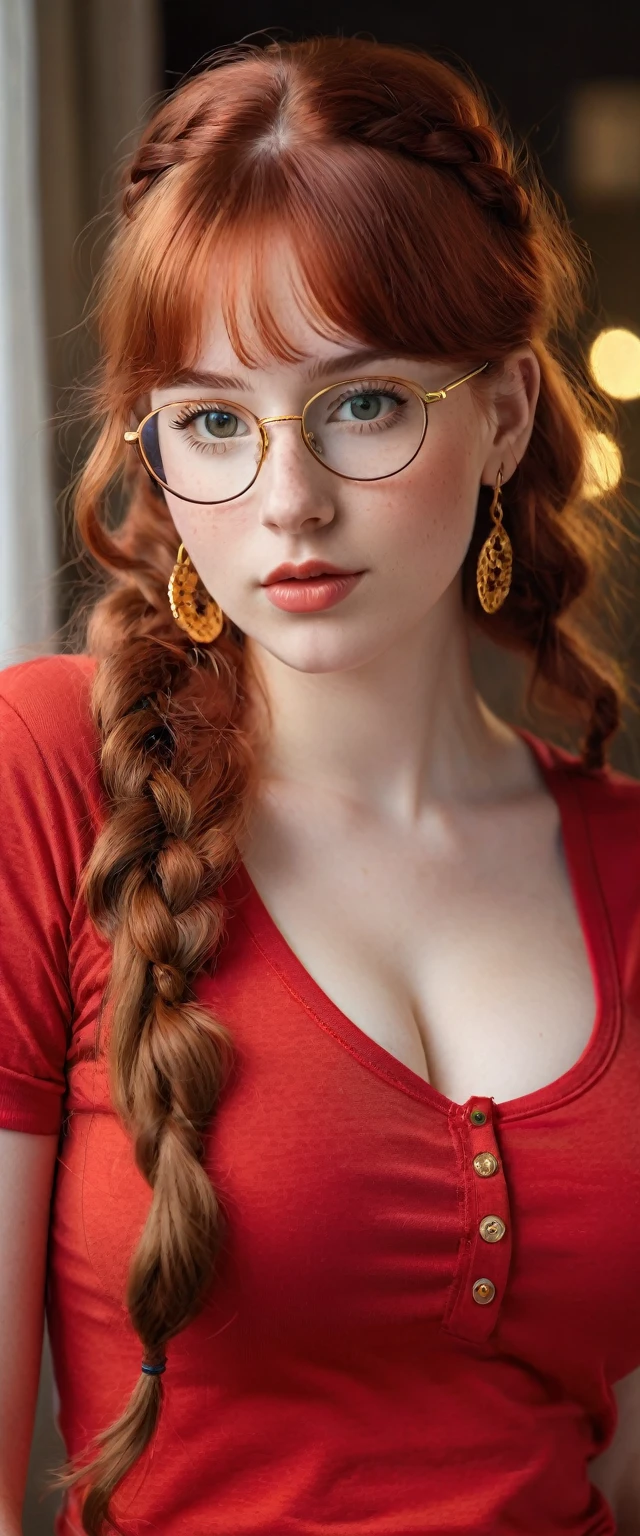 A young lady aged 16 yrs, with long red hair, wavy hair, braided, with air bangs. She has an hourglass figure. She is wearing a red oversized T-shirt. She is wearing gold earrings, and black rimmed glasses. Looking directly into the camera. She has fair skin, freckles, and braces, constricted pupils, parted lips, large breasts, perfect lips, perfect nose, cute face, baby face, Hyperrealism, cinematic lighting, jpeg artifacts, full body photo, bokeh, textured skin, UHD, best quality, masterpiece, high details