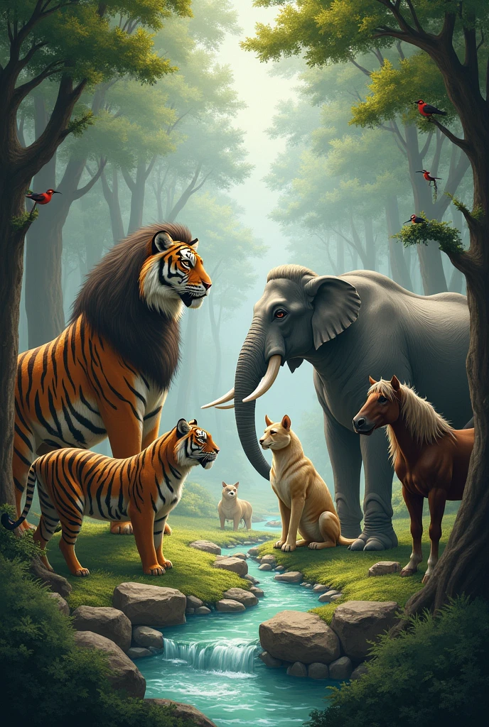 To discuss important matters, all animals gathered together, including the powerful tiger, the clever snake, the powerful elephant, and the swift horse.
