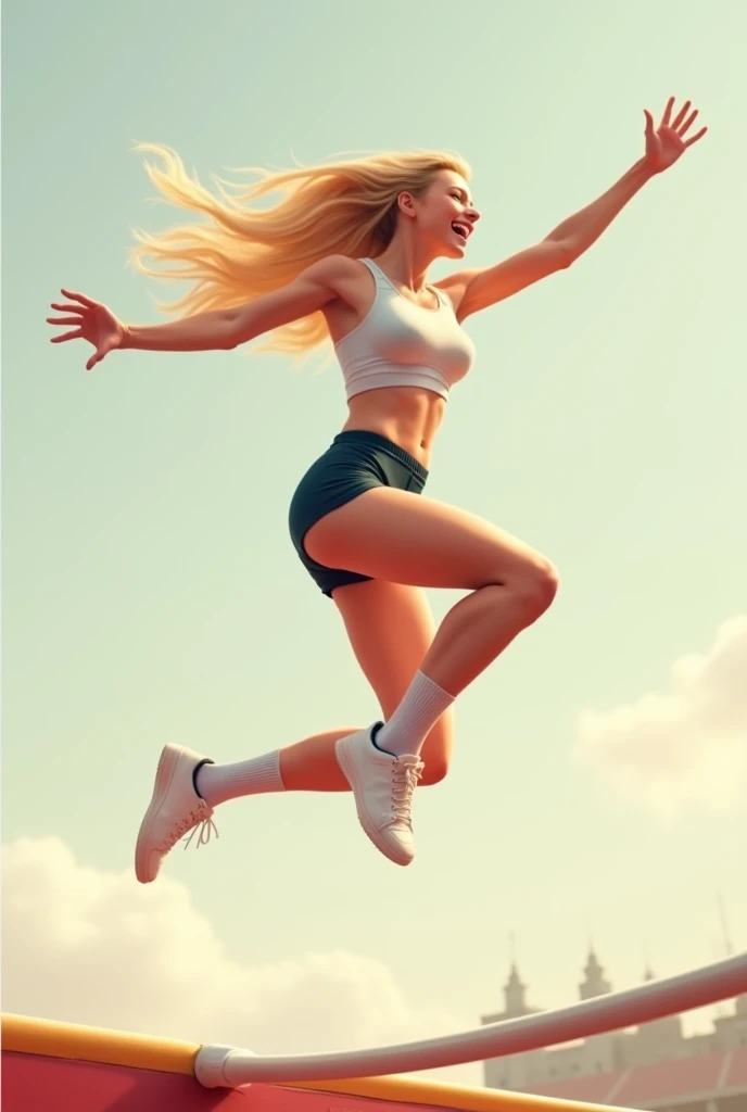 She is very beautiful, tall, blonde hair, slim body, high jumper, as soon as she jumps she turns over and poses happily for the camera, she is 1 meter above the ground, she is wearing athletics clothes
