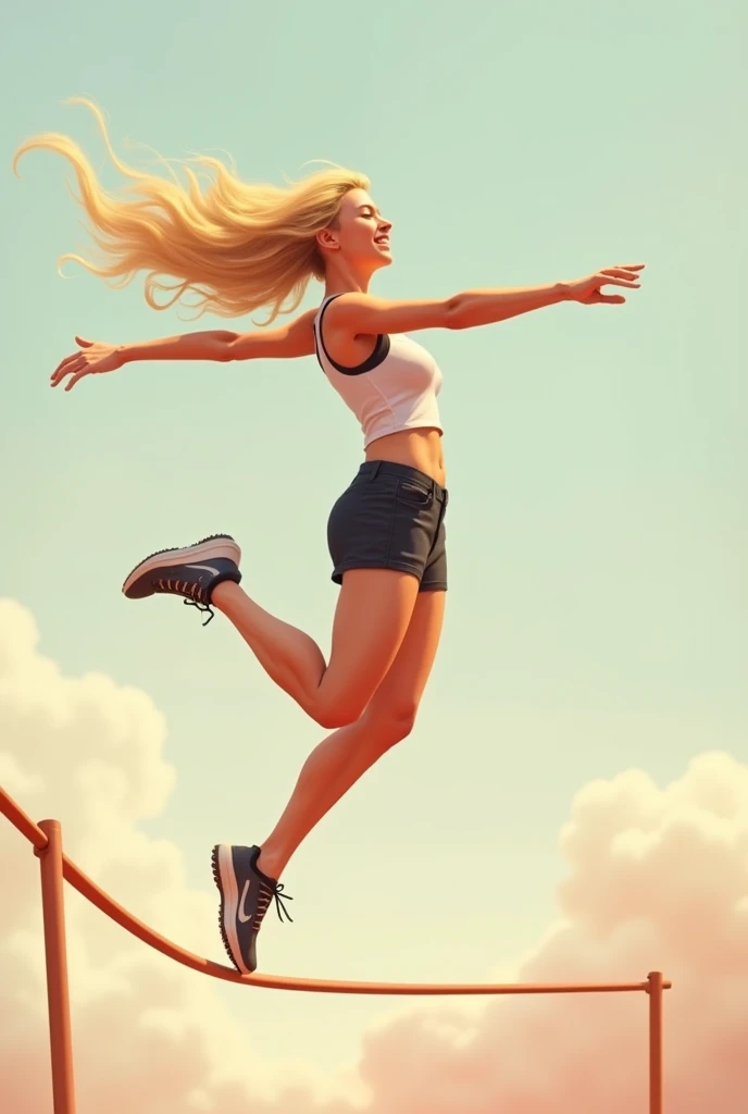 She is very beautiful, tall, blonde hair, slim body, high jumper, as soon as she jumps she turns over and poses happily for the camera, she is 1 meter above the ground, she is wearing athletics clothes