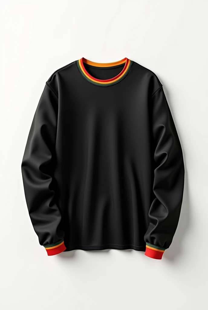 Black long sleeve T-shirt with strip of colors red, gold and green on neck and strip of colors red, gold and green at the tip of sleeves in white background in HD