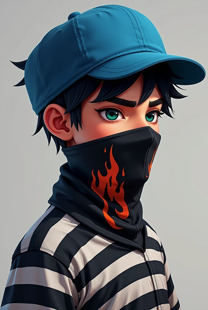 Free fire male character, My character is a boy who wears a blue hat that falls down on the sides, a black bandana with a fire design on the side, a black and white striped prison shirt, and the hat is not a cap, it is a hat that falls down on the sides, it is not a cap, the hat falls down more by the ear, it is a hat that falls down on the sides, a new character. My hat falls down by the ear, it is a With a fire bandana on the face, it is a hat that falls down on the sides, and it is a new character.