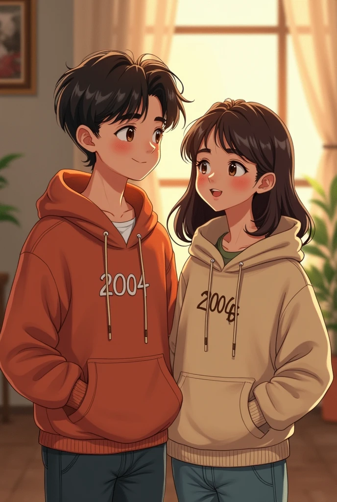 Adult Cute boy who wears 2004 hoodie and cute adult girl who wears 2006 hoodie