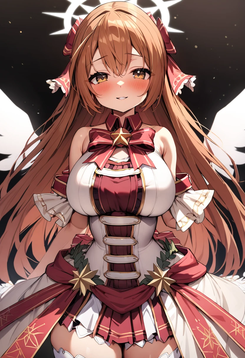 masterpiece, best quality, extremely detailed, good anatomy, parted lips, angelic smile, embarrassing, looking at viewer, beautiful girl, brown eyes, brown hair, long hair, large breasts, see-through angel wings, halo, hair ornament ribbon, 