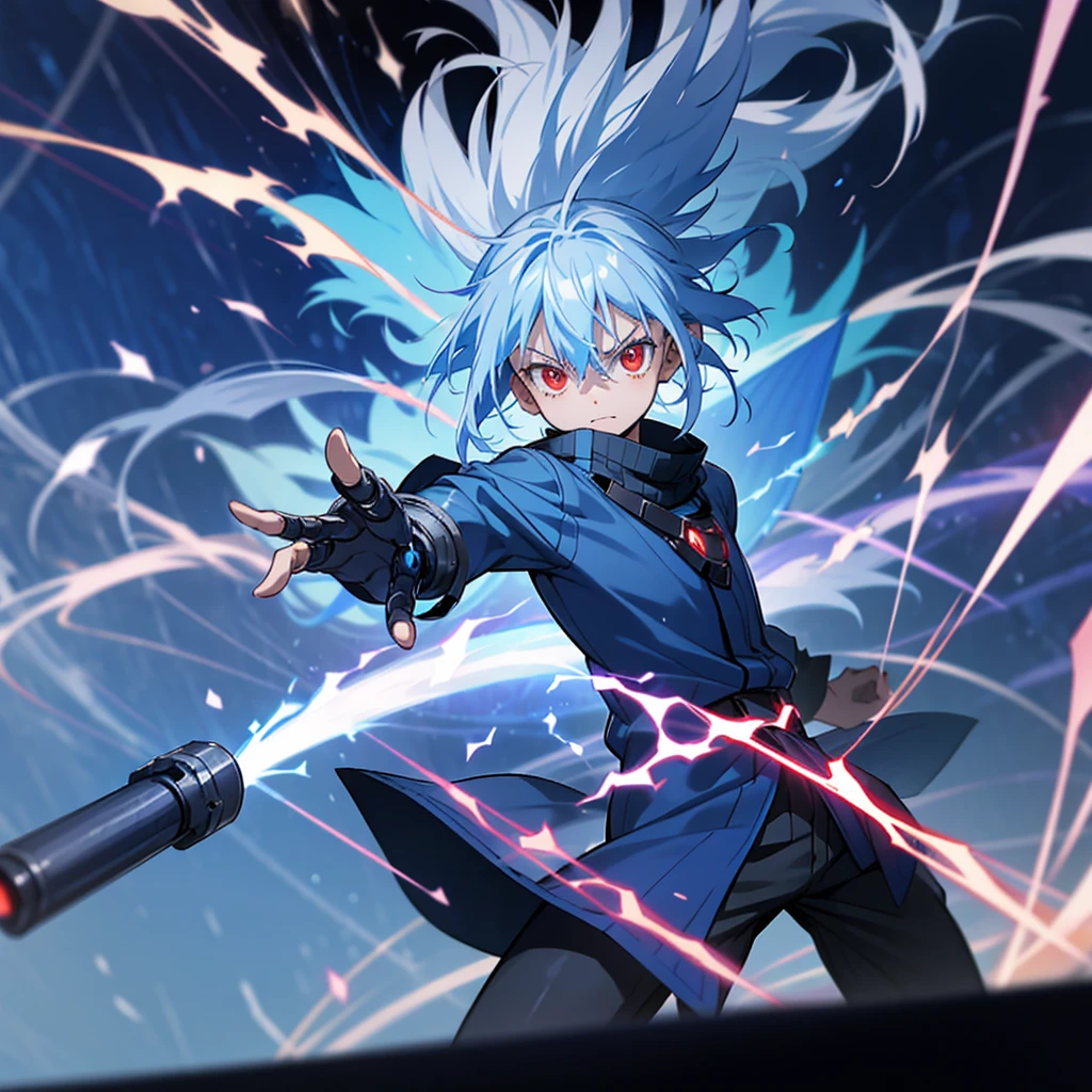 Silver-haired, red-eyed boy, about 7 , Shota, Cyborg, Right armｂto a cannon、Charged with blue energy. Sense of speed. A cannon charged with a large amount of red energy is coming from his back and pointing towards us. Background: Cracked hologram. Going crazy. Wearing black armor.