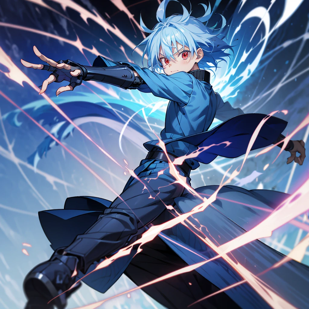 Silver-haired, red-eyed boy, about 7 , Shota, Cyborg, Right armｂto a cannon、Charged with blue energy. Sense of speed. A cannon charged with a large amount of red energy is coming from his back and pointing towards us. Background: Cracked hologram. Going crazy. Wearing black armor.