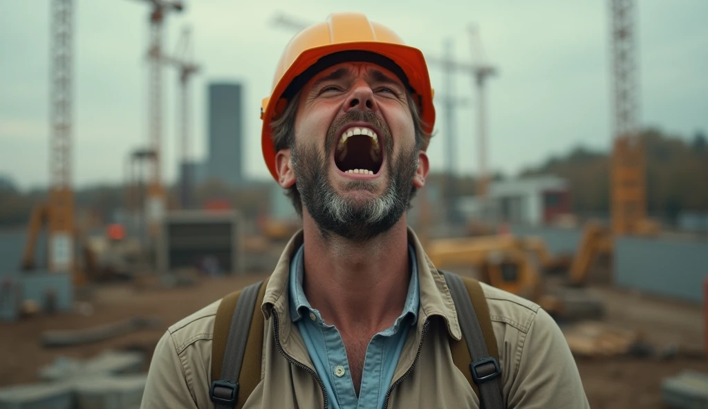 There will be a construction site, and the man is screaming in pain.