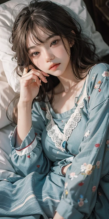 (masterpiece: 1.2, Portraiture, Highest quality), Realistic, (Live Action, Intricate details, Written boundary depth), Highest quality, masterpiece, Attention to detail, semi-Realistic, Lie face down on the bed, shy, 21 years old, Short Blonde, blue eyes, pajamas, Slim figure、Dark Room