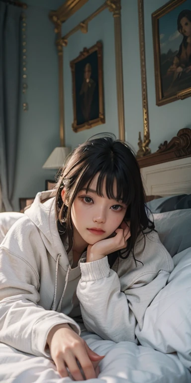 (masterpiece: 1.2, Portraiture, Highest quality), Realistic, (Live Action, Intricate details, Written boundary depth), Highest quality, masterpiece, Attention to detail, semi-Realistic, Lie face down on the bed, shy, 21 years old, Short Blonde, blue eyes, pajamas, Slim figure、Dark Room