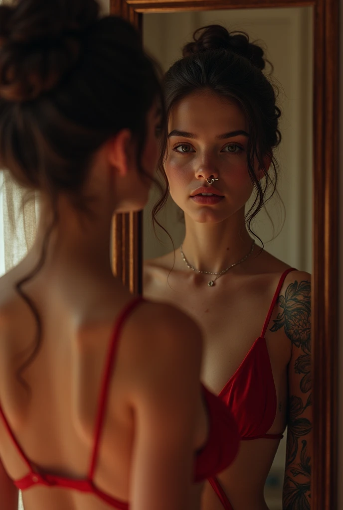 I want a 15 year old brunette woman, en string rouge et sein nu dans un miroir. very sexy. very large chest. braided. skin white. Some sexy tattoos. Lip and nose piercing