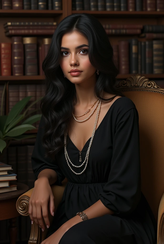 portrait of a Vritika Negi, a 21-year-old Kumaoni Hindu girl wearing a black dress and pearls, sitting in front of a fireplace, library or living room setting with bookshelves and antique furniture, detailed face and eyes, chiaroscuro lighting, warm color tones, photorealistic, 8k, highly detailed