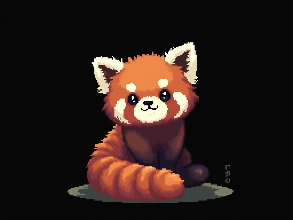 Pixel art, 16-bit style, 256x256, limited color palette, cute, small, red panda, far away, sitting pose, looking directly at the viewer, playful expression, fluffy tail curled around its body, big ears, dark brown eyes, black nose, solid black background. (Generate a 16-bit style pixel art image of a cute, small red panda sitting in a playful pose. The red panda should be far away, giving the impression of being in the distance. It should be looking directly at the viewer with a playful expression. Its fluffy tail should be curled around its body. The red panda should have big ears, dark brown eyes, and a black nose. The image should be 256x256 pixels and use a limited color palette. The background should be completely solid black.)