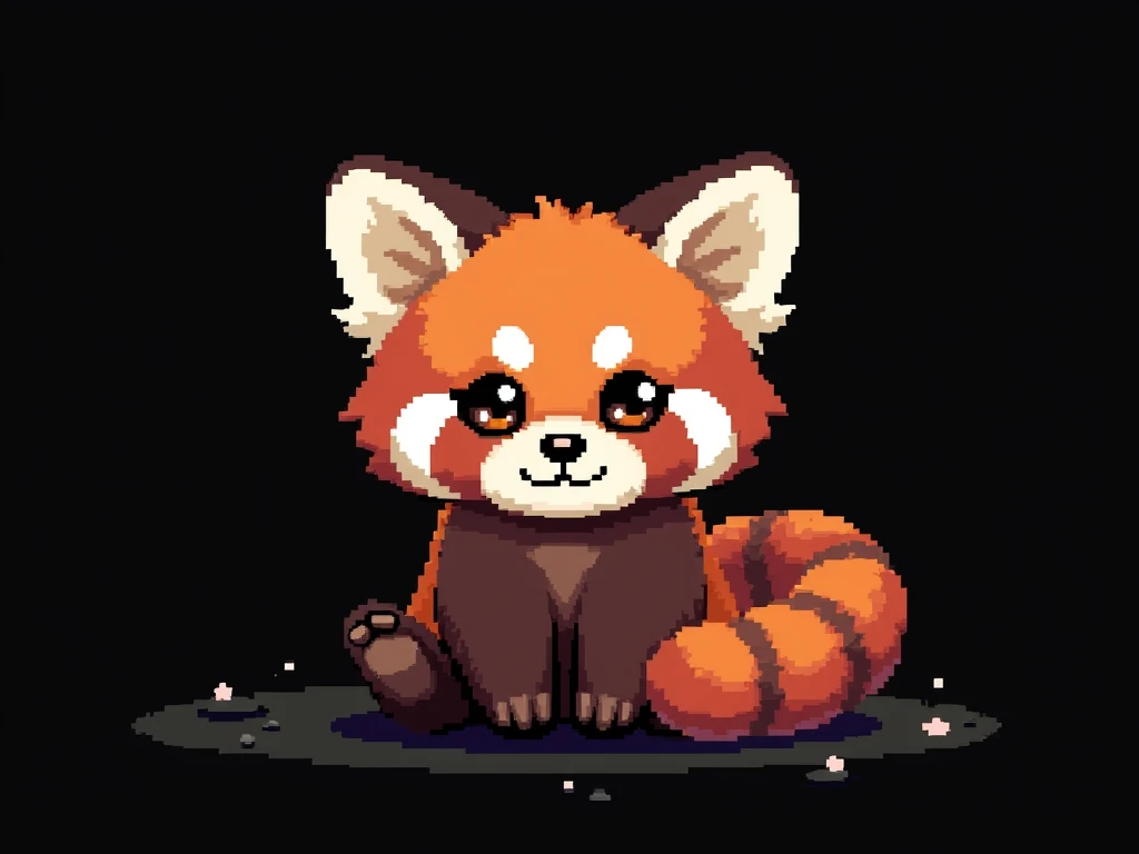 Pixel art, 16-bit style, 256x256, limited color palette, cute, small, red panda, far away, sitting pose, looking directly at the viewer, playful expression, fluffy tail curled around its body, big ears, dark brown eyes, black nose, solid black background. (Generate a 16-bit style pixel art image of a cute, small red panda sitting in a playful pose. The red panda should be far away, giving the impression of being in the distance. It should be looking directly at the viewer with a playful expression. Its fluffy tail should be curled around its body. The red panda should have big ears, dark brown eyes, and a black nose. The image should be 256x256 pixels and use a limited color palette. The background should be completely solid black.)