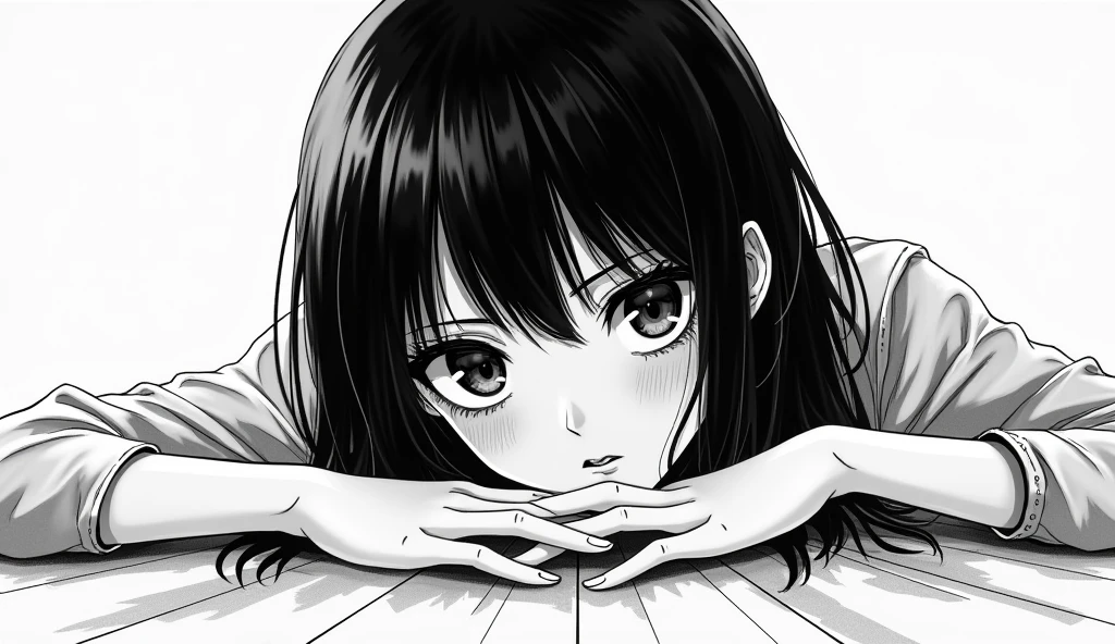 1yandere girl with yandere eyes looking at me sitting on knees black and white manga image