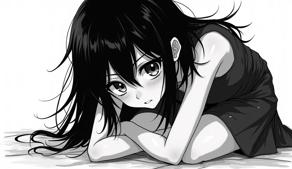 1yandere girl with yandere eyes looking at me sitting on knees black and white manga image