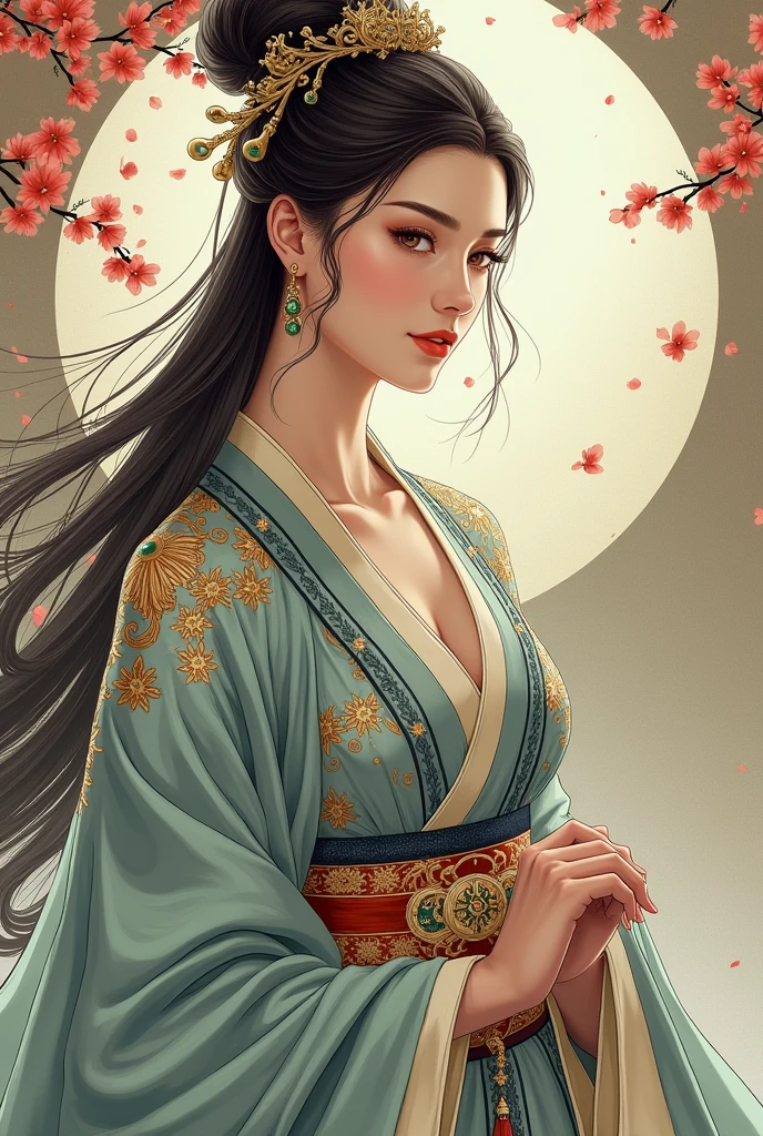 Create a detailed illustration of Empress Liyue in a seinen manga style, where her attire is both elegant and subtly revealing, yet tasteful and fitting of her royal status. The clothing, a sophisticated blend of traditional Chinese and Korean elements, should be designed to gracefully highlight her form, combining regal majesty with a hint of allure. The attire, while accentuating her natural elegance and poise, includes tastefully artistic details and is adorned with intricate embroidery and fine jade accessories. The illustration captures Empress Liyue in a poised and dignified pose that reflects her strength, sophistication, and a subtle yet captivating charm, emphasizing her majestic and cultured presence.