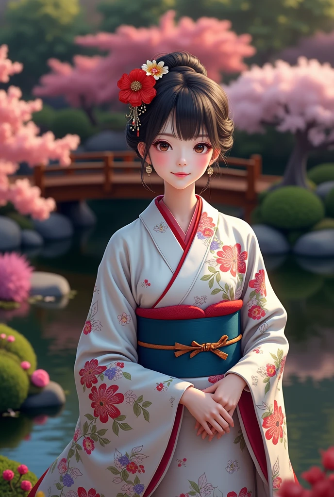 (masterpiece、Highest quality、8k、High resolution)、Traditional Japanese beauty in kimono、Floral pattern on white background、Vibrant colors、Japanese garden、There is a pond、Colorful flowers、Vibrant colors、Cherry Blossom、There is a drum bridge、A complete portrayal、Detailed anime art、
