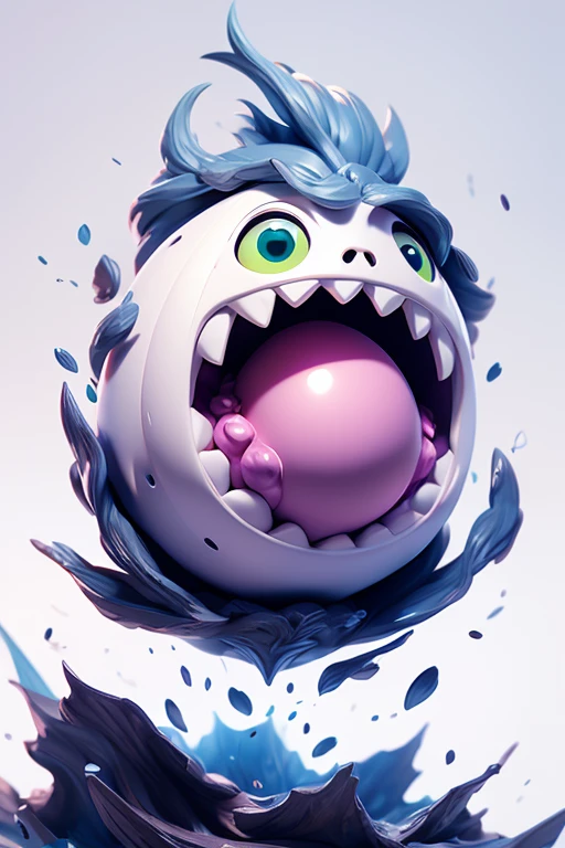 bubble, solo, indoors, black eyes, no humans, sharp teeth, orb creature, tongue out, red tongue, big tongue