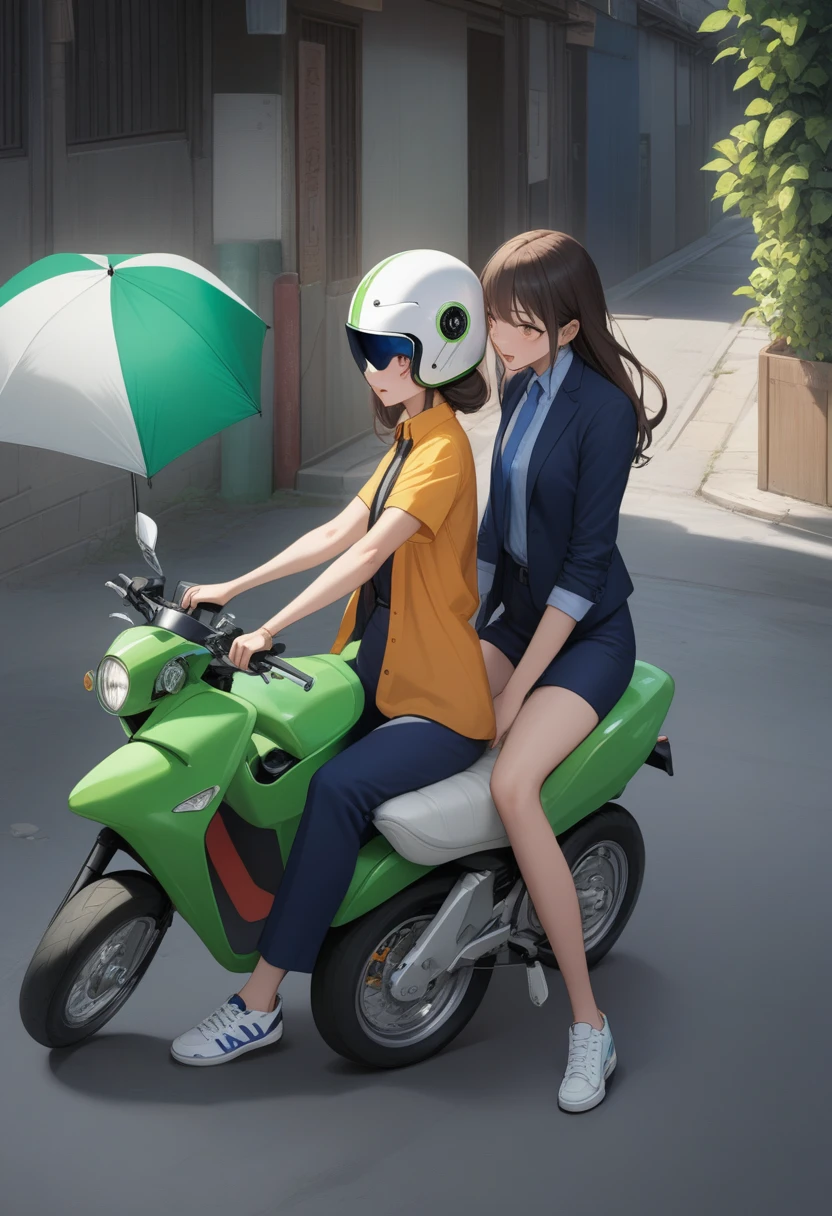 realistic anime illustration of man and young woman are riding a lime-green motorcycle along the alley, man with helmet sitting front, woman sitting behind, BREAK, man wears yellow shirt, orange vest, blue trouser, white sneakers, BREAK, woman wears navy-blue blazer, pink shirt with navy-blue necktie, navy-blue pencil skirt, black short heels, BREAK, (1girl, 1boy, full body), (masterpiece, best quality, japanese anime style), (expressive eyes, perfect face, perfect anatomy)