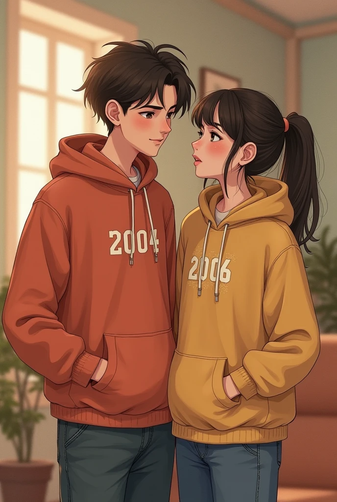 Adult Cute boy who wears 2004 hoodie and cute adult girl who wears 2006 hoodie