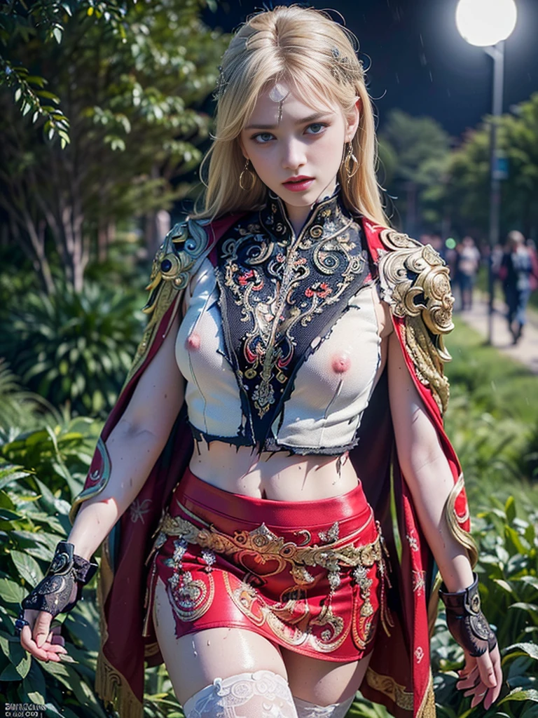 (((masterpiece, best quality))), (((high quality))), (((high resolution illustration))), (((hyper detail))),(((NSFW))), (((Wordsworth's Sharon))),(((Very beautiful long blonde hair))), (((Very beautiful face))), ((((Detailed face)))),(((very beautiful blue eyes))),(((Realistic Skin))),(((her face is flushed))),(((slim body))),(((slim thighs))),(((small breasts))),(((very beautiful slender legs))),(((gold and ocean blue and red and black and white armor with extremely detailed and intricate decoration))),(((red and white skirt with extremely detailed and intricate decoration))),(((boots with extremely detailed and intricate decoration))),(((cloak with very detailed and intricate decoration,))),,(((beautiful earrings))),(((beautiful hair ornaments))),(((in the old dark deep forest with no light))),(((wet her skin))),(((very angry))),((Sharon is crying with tears streaming down her face))),(((torn clothes:1.5))),(((walking:1.0))),(((late at night:1.5))),(((highest quality:1.6))), (((A high resolution:1.5))), (((Realistic:1.75))), ((8K resolution)), ((Canon EOS R5)), ((50mm)),((Absurd)),((Ultra-detailed,Cinema Lighting))