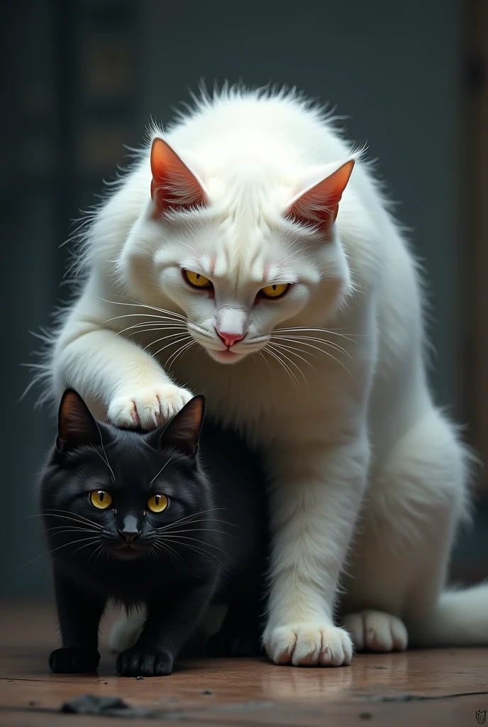 a strong white cat, stepping on a black cat