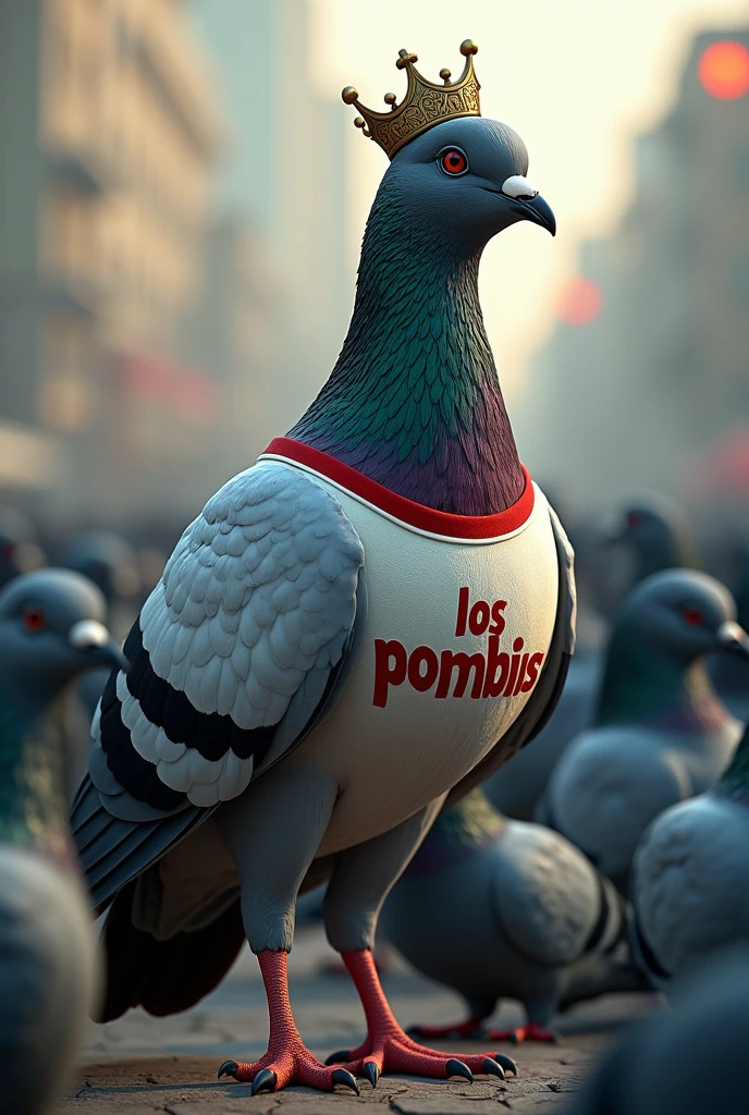 A STRONG AND MUSCULOUS PIGEON WITH A CROWN AND A SHIRT WITH LOS POMBIS WRITTEN IN THE MIDDLE THAT STANDS OUT AMONG OTHER PIGEONS