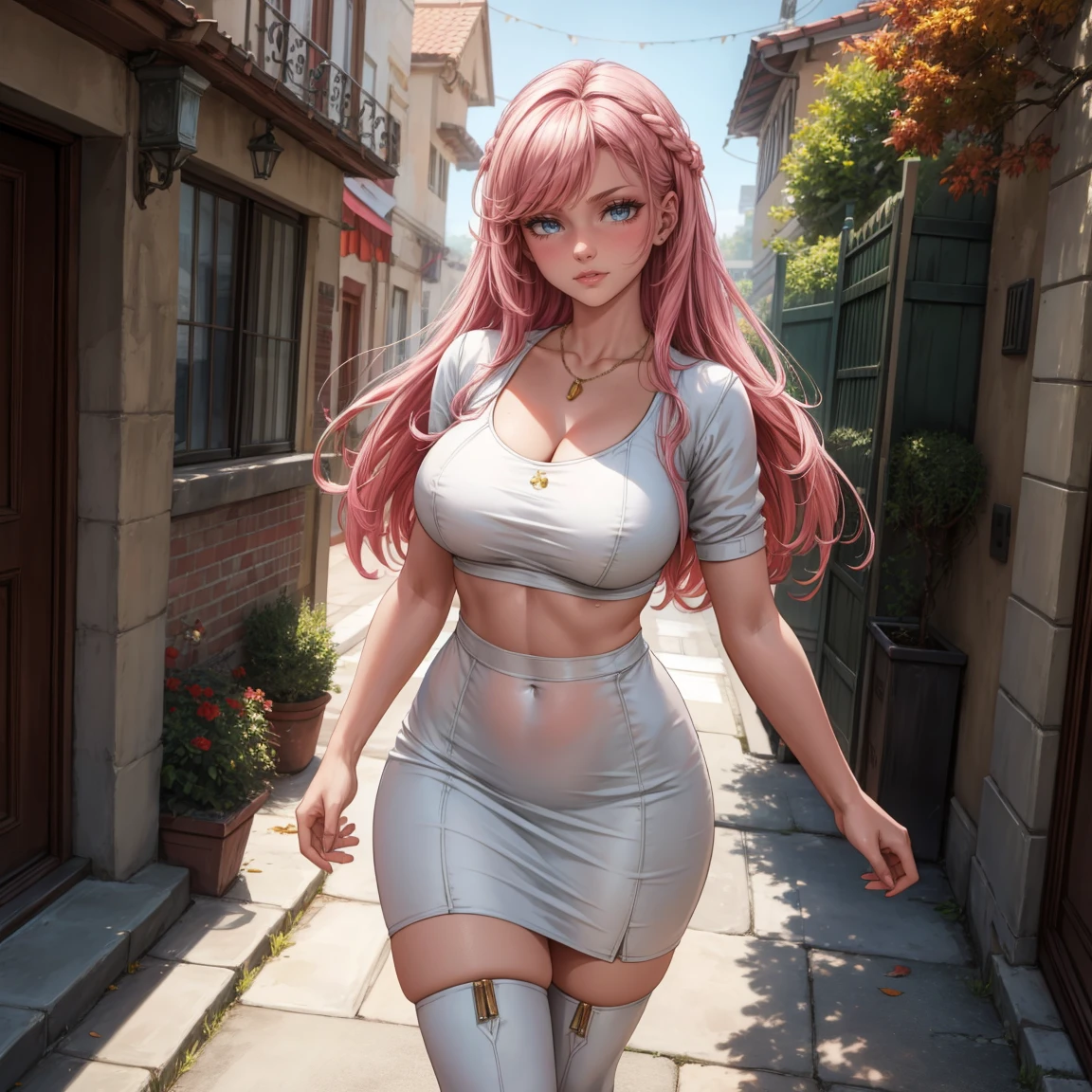 Masterpiece, beautiful art, 8k, art style by sciamano240, very detailed face, detailed hair, detailed clothes, detailed fabric, 1girl, beautiful face, long hair, hot pink hair , model head shot, facing camera, very detailed green eyes, sultry smile, wearing classy fall clothes, white dior thigh boots, white pencil skirt, walking , out shopping, necklace, chocker, rosey cheeks, sunny fall setting, full body view, photorealistic, indirect lighting, volumetric light, ray tracing, hyper-detailed, best quality, ultra-high resolution, HDR, (8k, Best Quality, Masterpiece:1.2), Ultra Detail, RAW Photo, Super Resolution, Professional Photo, Extremely Detailed and Beautiful, lot of drool, sweat, belly inflation