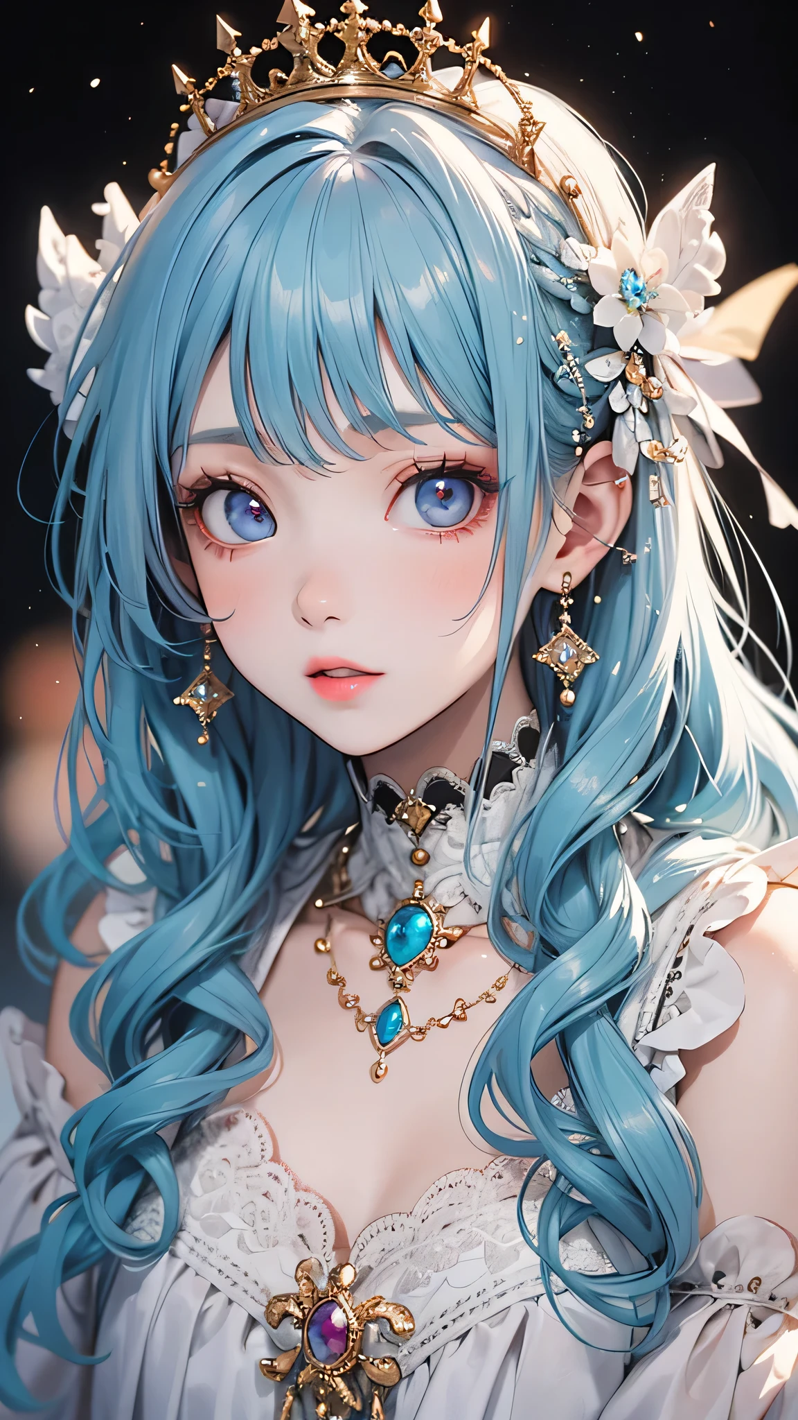 Light blue hair, Turquoise Eyes, Long eyelashes, Big Red Lips, Apricot-colored eyes, beauty, Like, Curly Hair, Princess