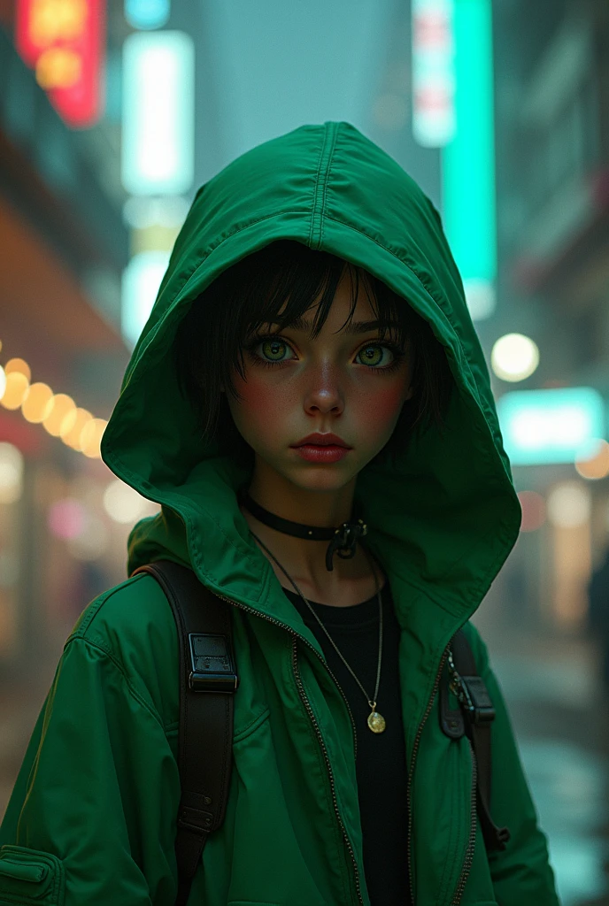 A sa style character cybrpunk , wearing a green hood and with a 15 year old body pele negra